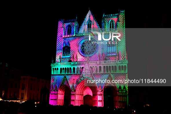 A religious festival of lights takes place in Lyon, France, on December 6, 2024. Illuminations light up the city at night. 