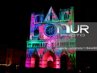 A religious festival of lights takes place in Lyon, France, on December 6, 2024. Illuminations light up the city at night. (