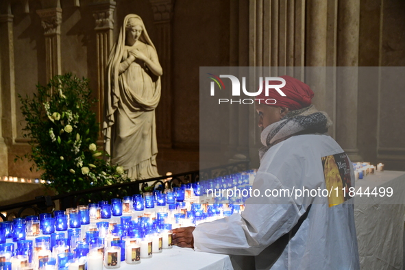 A religious festival of lights takes place in Lyon, France, on December 7, 2024. Illuminations light up the city at night. 