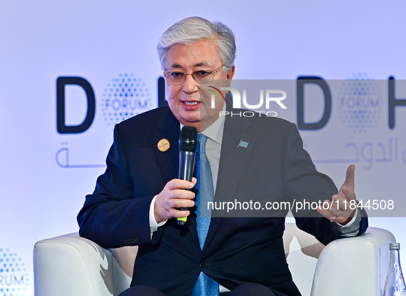 Kassym-Jomart Tokayev, President of Kazakhstan, speaks during the Doha Forum 2024 at Sheraton Grand Doha Resort & Convention Hotel ahead of...