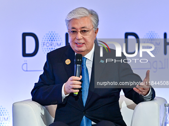 Kassym-Jomart Tokayev, President of Kazakhstan, speaks during the Doha Forum 2024 at Sheraton Grand Doha Resort & Convention Hotel ahead of...