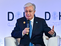 Kassym-Jomart Tokayev, President of Kazakhstan, speaks during the Doha Forum 2024 at Sheraton Grand Doha Resort & Convention Hotel ahead of...