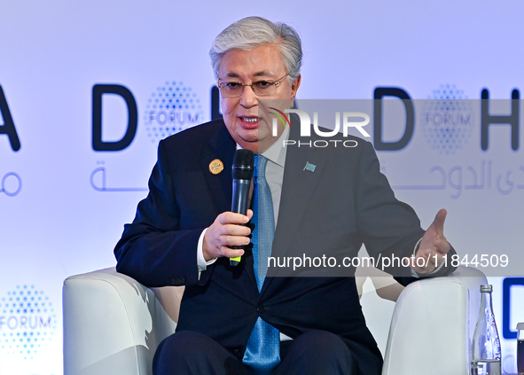 Kassym-Jomart Tokayev, President of Kazakhstan, speaks during the Doha Forum 2024 at Sheraton Grand Doha Resort & Convention Hotel ahead of...