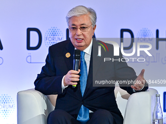 Kassym-Jomart Tokayev, President of Kazakhstan, speaks during the Doha Forum 2024 at Sheraton Grand Doha Resort & Convention Hotel ahead of...