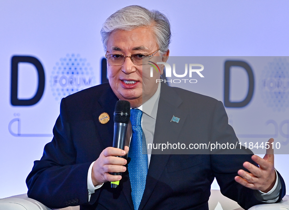 Kassym-Jomart Tokayev, President of Kazakhstan, speaks during the Doha Forum 2024 at Sheraton Grand Doha Resort & Convention Hotel ahead of...