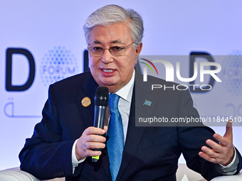 Kassym-Jomart Tokayev, President of Kazakhstan, speaks during the Doha Forum 2024 at Sheraton Grand Doha Resort & Convention Hotel ahead of...