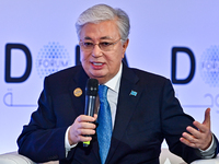 Kassym-Jomart Tokayev, President of Kazakhstan, speaks during the Doha Forum 2024 at Sheraton Grand Doha Resort & Convention Hotel ahead of...