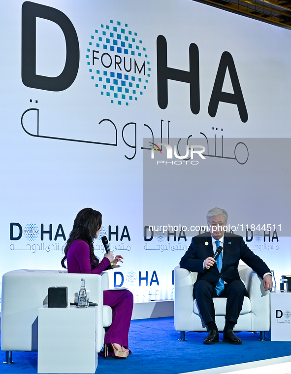 Kassym-Jomart Tokayev, President of Kazakhstan, answers questions during the Doha Forum 2024 at Sheraton Grand Doha Resort & Convention Hote...