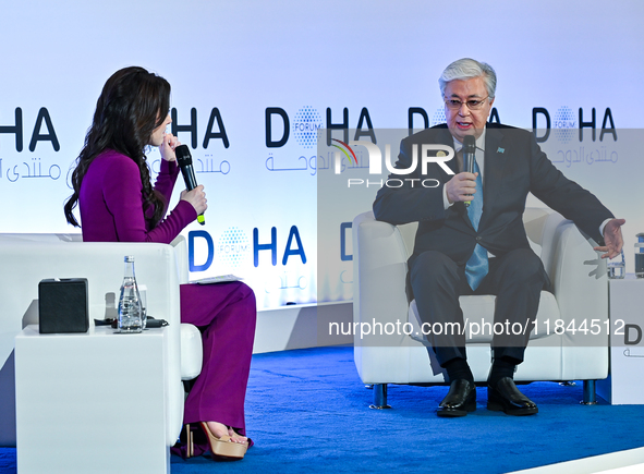 Kassym-Jomart Tokayev, President of Kazakhstan, speaks during the Doha Forum 2024 at Sheraton Grand Doha Resort & Convention Hotel ahead of...