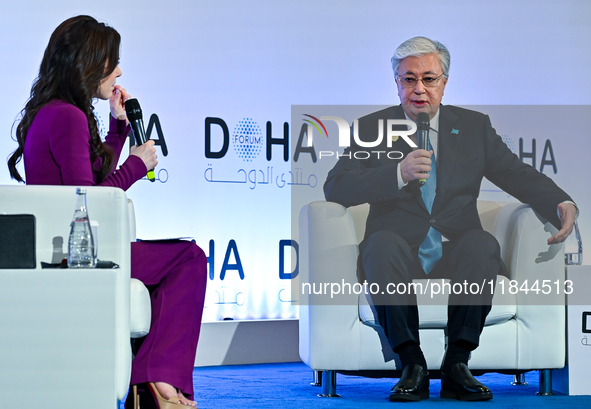 Kassym-Jomart Tokayev, President of Kazakhstan, speaks during the Doha Forum 2024 at Sheraton Grand Doha Resort & Convention Hotel ahead of...