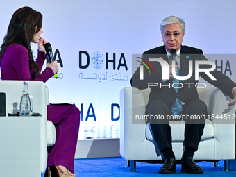 Kassym-Jomart Tokayev, President of Kazakhstan, speaks during the Doha Forum 2024 at Sheraton Grand Doha Resort & Convention Hotel ahead of...