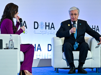 Kassym-Jomart Tokayev, President of Kazakhstan, speaks during the Doha Forum 2024 at Sheraton Grand Doha Resort & Convention Hotel ahead of...