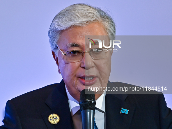 Kassym-Jomart Tokayev, President of Kazakhstan, speaks during the Doha Forum 2024 at Sheraton Grand Doha Resort & Convention Hotel ahead of...