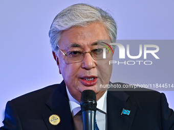 Kassym-Jomart Tokayev, President of Kazakhstan, speaks during the Doha Forum 2024 at Sheraton Grand Doha Resort & Convention Hotel ahead of...