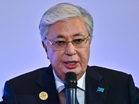 Kassym-Jomart Tokayev, President of Kazakhstan, speaks during the Doha Forum 2024 at Sheraton Grand Doha Resort & Convention Hotel ahead of...