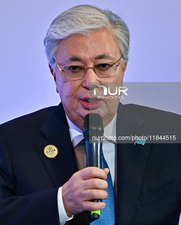 Kassym-Jomart Tokayev, President of Kazakhstan, speaks during the Doha Forum 2024 at Sheraton Grand Doha Resort & Convention Hotel ahead of...