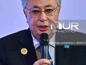 Kassym-Jomart Tokayev, President of Kazakhstan, speaks during the Doha Forum 2024 at Sheraton Grand Doha Resort & Convention Hotel ahead of...