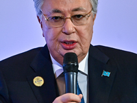 Kassym-Jomart Tokayev, President of Kazakhstan, speaks during the Doha Forum 2024 at Sheraton Grand Doha Resort & Convention Hotel ahead of...