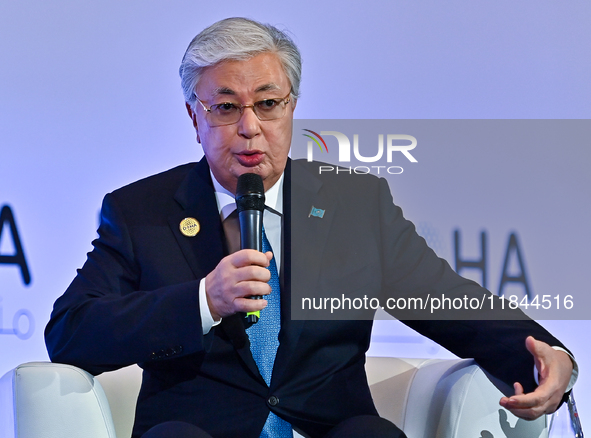 Kassym-Jomart Tokayev, President of Kazakhstan, speaks during the Doha Forum 2024 at Sheraton Grand Doha Resort & Convention Hotel ahead of...