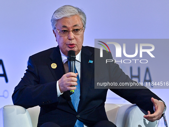 Kassym-Jomart Tokayev, President of Kazakhstan, speaks during the Doha Forum 2024 at Sheraton Grand Doha Resort & Convention Hotel ahead of...