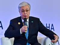 Kassym-Jomart Tokayev, President of Kazakhstan, speaks during the Doha Forum 2024 at Sheraton Grand Doha Resort & Convention Hotel ahead of...