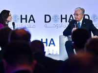 Kassym-Jomart Tokayev, President of Kazakhstan, answers questions during the Doha Forum 2024 at Sheraton Grand Doha Resort & Convention Hote...