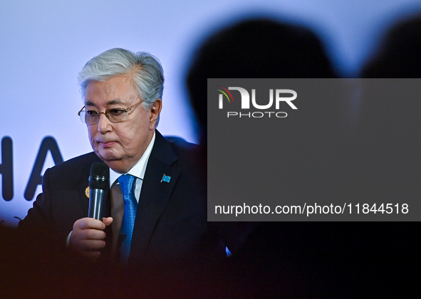 Kassym-Jomart Tokayev, President of Kazakhstan, speaks during the Doha Forum 2024 at Sheraton Grand Doha Resort & Convention Hotel ahead of...