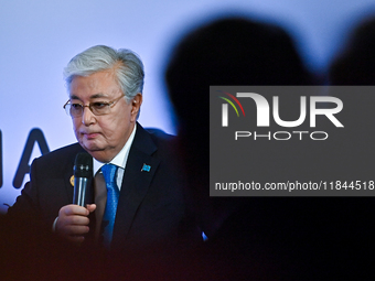 Kassym-Jomart Tokayev, President of Kazakhstan, speaks during the Doha Forum 2024 at Sheraton Grand Doha Resort & Convention Hotel ahead of...