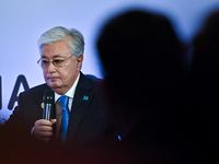 Kassym-Jomart Tokayev, President of Kazakhstan, speaks during the Doha Forum 2024 at Sheraton Grand Doha Resort & Convention Hotel ahead of...