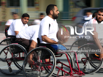 Al Bassma Club Team members during training in the school at Beit Lahiya in the northern Gaza Strip, on April 6, 2016.  Al-Bassma Club is a...