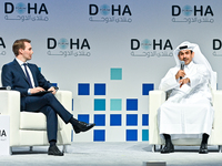 Qatar's Energy Minister and CEO of QatarEnergy, Saad Sherida al-Kaabi (R), speaks during the Doha Forum 2024 at Sheraton Grand Doha Resort &...