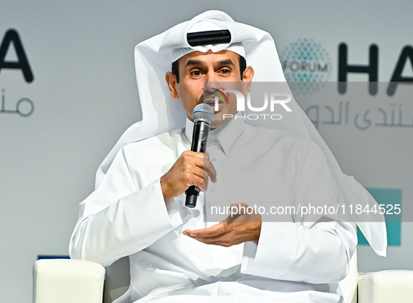 Qatar's Energy Minister and CEO of QatarEnergy, Saad Sherida al-Kaabi, speaks during the Doha Forum 2024 at Sheraton Grand Doha Resort & Con...