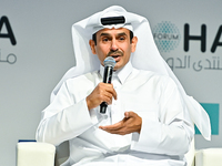 Qatar's Energy Minister and CEO of QatarEnergy, Saad Sherida al-Kaabi, speaks during the Doha Forum 2024 at Sheraton Grand Doha Resort & Con...