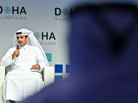 Qatar's Energy Minister and CEO of QatarEnergy, Saad Sherida al-Kaabi, speaks during the Doha Forum 2024 at Sheraton Grand Doha Resort & Con...