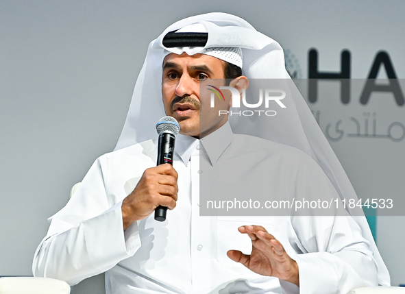 Qatar's Energy Minister and CEO of QatarEnergy, Saad Sherida al-Kaabi, speaks during the Doha Forum 2024 at Sheraton Grand Doha Resort & Con...