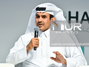 Qatar's Energy Minister and CEO of QatarEnergy, Saad Sherida al-Kaabi, speaks during the Doha Forum 2024 at Sheraton Grand Doha Resort & Con...