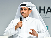 Qatar's Energy Minister and CEO of QatarEnergy, Saad Sherida al-Kaabi, speaks during the Doha Forum 2024 at Sheraton Grand Doha Resort & Con...