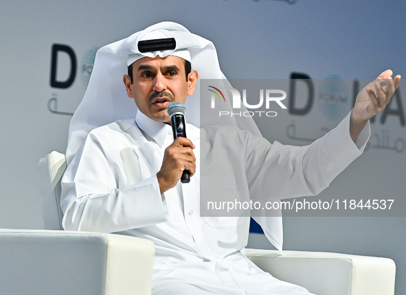 Qatar's Energy Minister and CEO of QatarEnergy, Saad Sherida al-Kaabi, speaks during the Doha Forum 2024 at Sheraton Grand Doha Resort & Con...