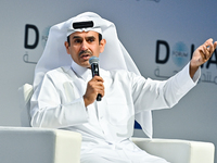 Qatar's Energy Minister and CEO of QatarEnergy, Saad Sherida al-Kaabi, speaks during the Doha Forum 2024 at Sheraton Grand Doha Resort & Con...