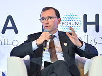 Espen Barth Eide, Minister of Foreign Affairs of Norway, takes part in a panel discussion during the Doha Forum 2024 at Sheraton Grand Doha...