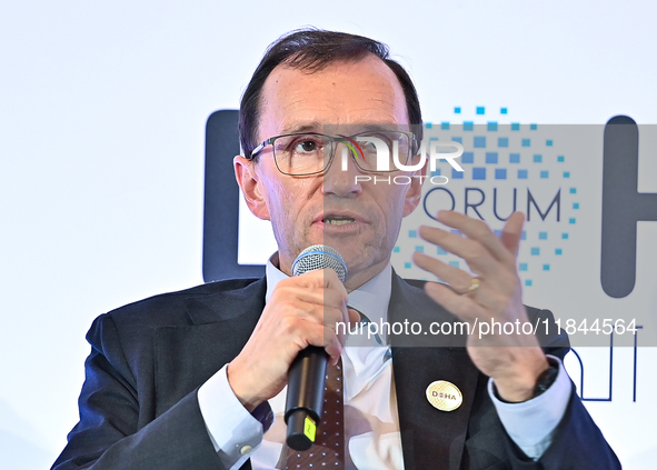 Espen Barth Eide, Minister of Foreign Affairs of Norway, takes part in a panel discussion during the Doha Forum 2024 at Sheraton Grand Doha...