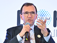 Espen Barth Eide, Minister of Foreign Affairs of Norway, takes part in a panel discussion during the Doha Forum 2024 at Sheraton Grand Doha...