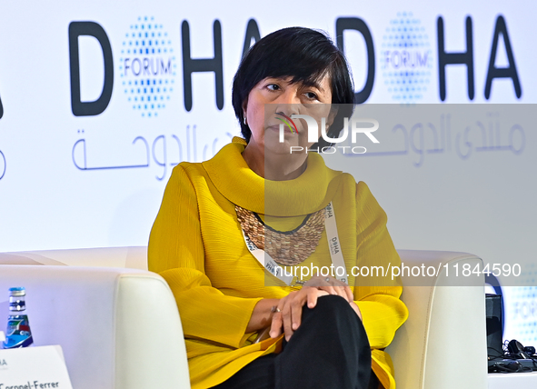 Miriam Coronel-Ferrer, Co-Founder of Southeast Asian Women Peace Mediators, takes part in a panel discussion during the Doha Forum 2024 at S...