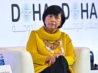 Miriam Coronel-Ferrer, Co-Founder of Southeast Asian Women Peace Mediators, takes part in a panel discussion during the Doha Forum 2024 at S...