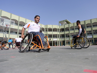 A member of Al Bassma Club Team during training in the school at Beit Lahiya in the northern Gaza Strip, on April 6, 2016. Al-Bassma Club is...