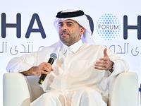 Badr Mohammed Al-Meer, Group Chief Executive Officer of Qatar Airways, speaks during the Doha Forum 2024 at Sheraton Grand Doha Resort & Con...