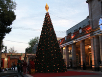 A large, illuminated Christmas tree stands on the esplanade of the Tlalpan City Hall for the December holidays in the Center of Tlalpan, in...