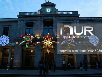 The headquarters building of the Tlalpan Mayor's Office is illuminated with different figures for the December holidays in the Center of Tla...