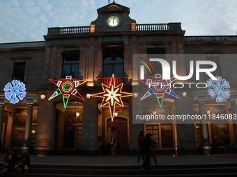 The headquarters building of the Tlalpan Mayor's Office is illuminated with different figures for the December holidays in the Center of Tla...