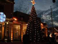 A large, illuminated Christmas tree stands on the esplanade of the Tlalpan City Hall for the December holidays in the Center of Tlalpan, in...